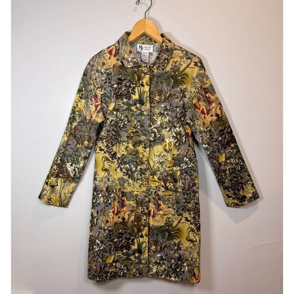 Vintage Maggie Sweet Long Line Button Front Shirt Size Small Scenic Artsy Floral